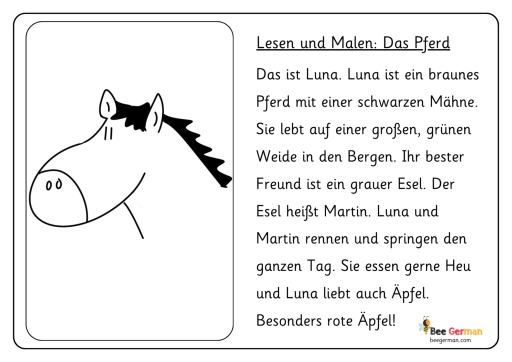 Lesen und malen für deutschlernende Kinder Das Pferd